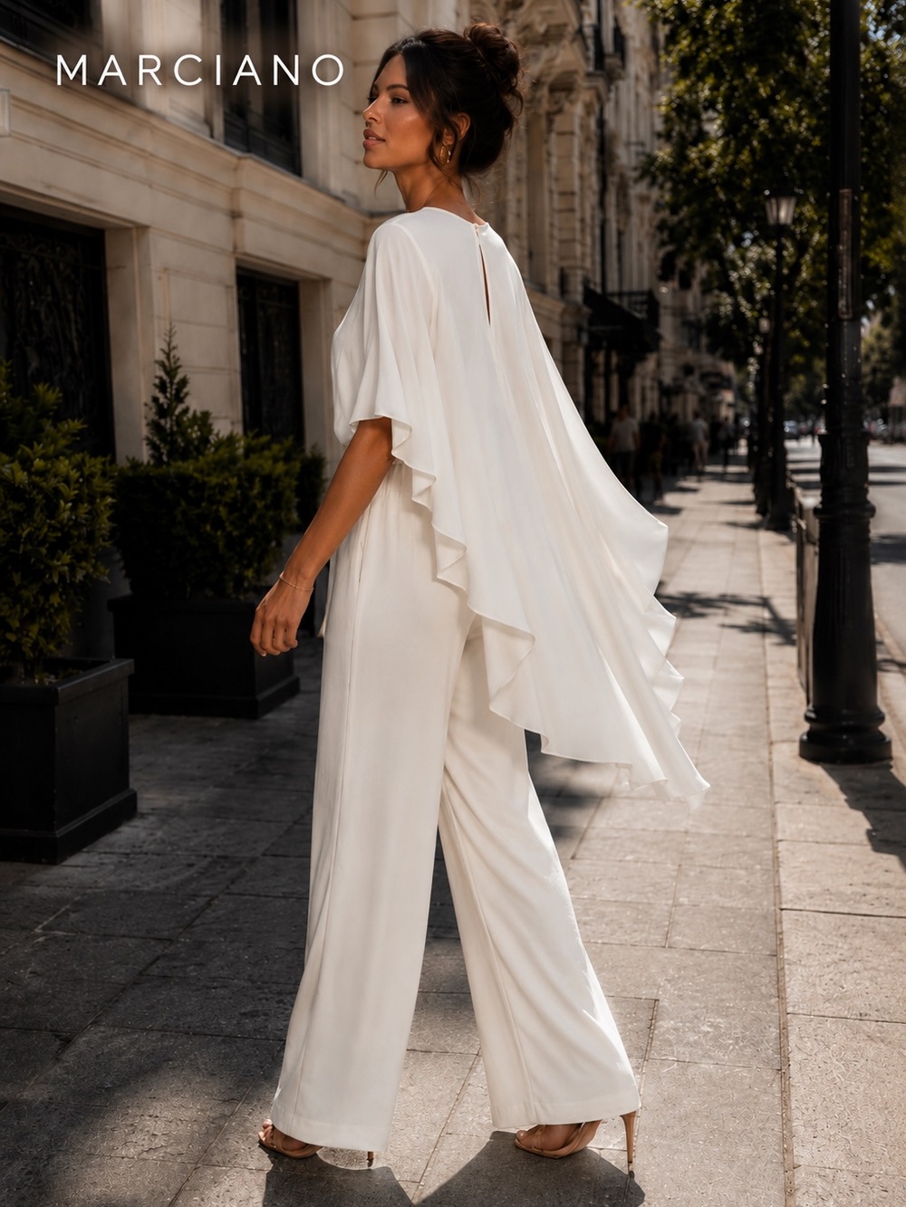 Marciano White Cape Sleeve Wide Leg Jumpsuit Made in USA Size M - Picture 1 of 11